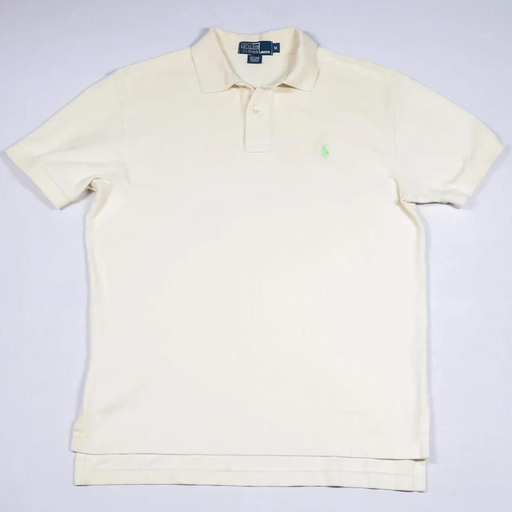 Polo Ralph Lauren Polo Shirt Mens M Cream Short Sleeve Green Pony Mesh Cotton
